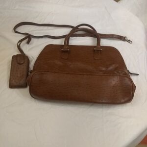 Bueno Brown Ostrich-Embossed Leather Satchel with Strap and Phone Case